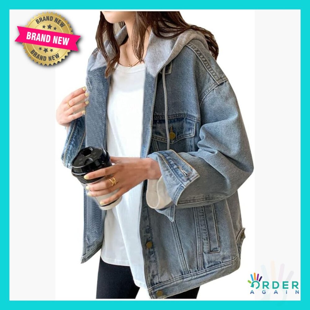 Oversized Distressed Denim Jacket With Hood Classic Loose Fit Y2k Chic